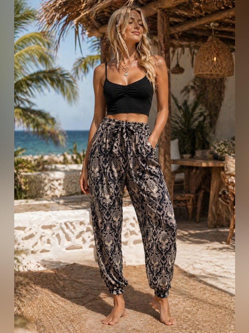 Angie Boho Print Tapered Ankle Pants – Lightweight & Chic ✨
